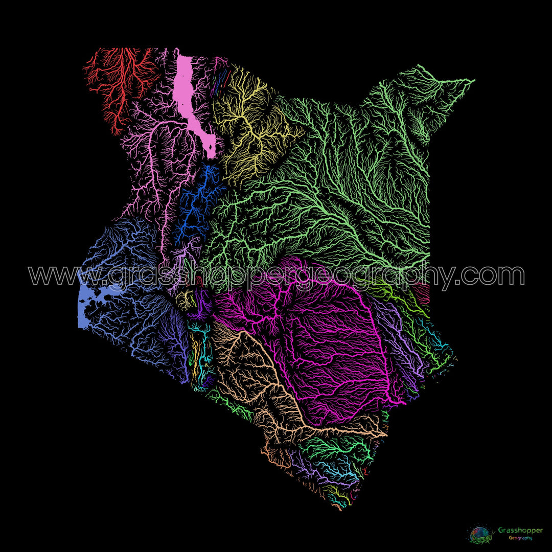 Kenya - Carte des bassins fluviaux, arc-en-ciel sur noir - Fine Art Print