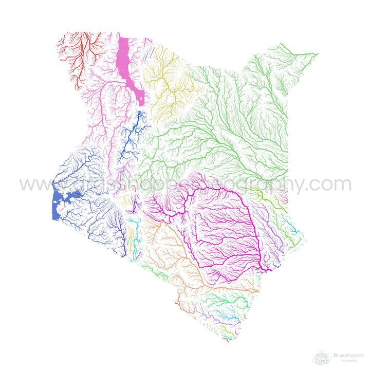 Kenya - Carte du bassin fluvial, arc-en-ciel sur blanc - - Tirage d'art