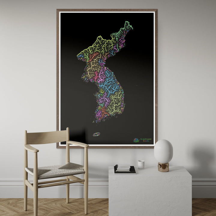 River basin map of Korea, pastel colours on black - Fine Art Print