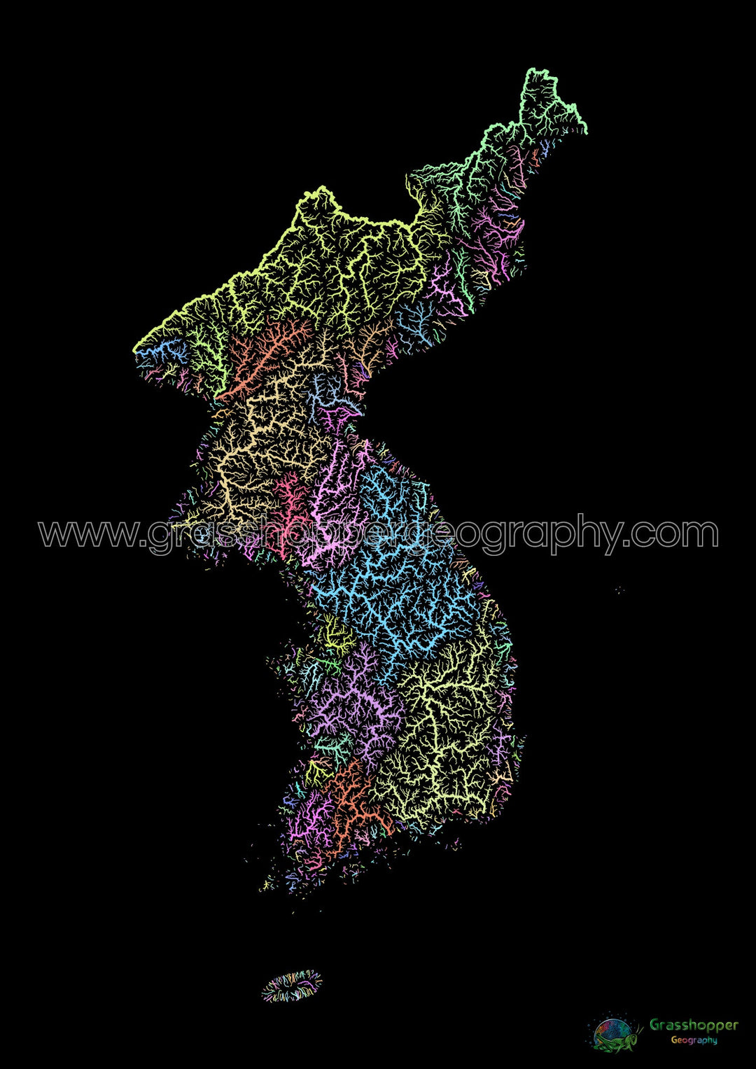 Korea - Flussgebietskarte, Pastell auf Schwarz - Fine Art Print