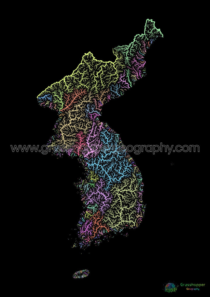 Korea - Flussgebietskarte, Pastell auf Schwarz - Fine Art Print
