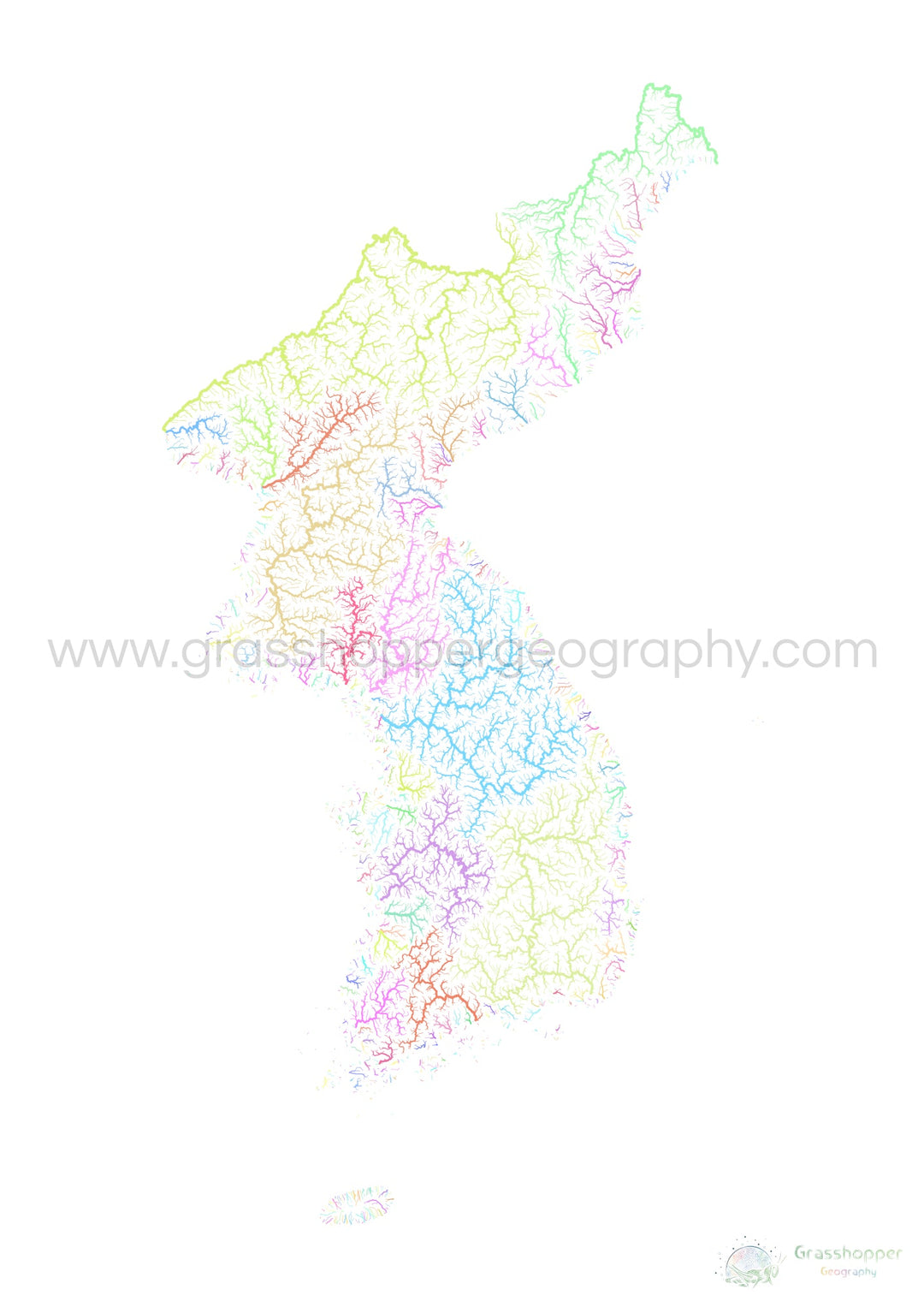 Corea - Mapa de la cuenca fluvial, pastel sobre blanco - Impresión de Bellas Artes