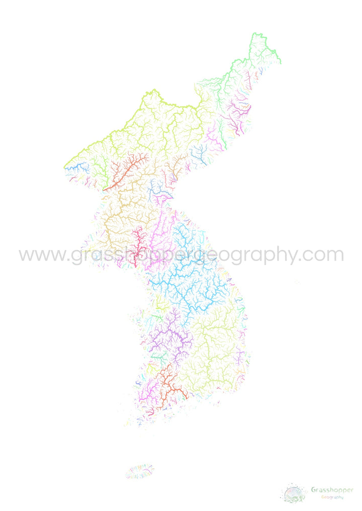 Corée - Carte des bassins fluviaux, pastel sur blanc - Fine Art Print
