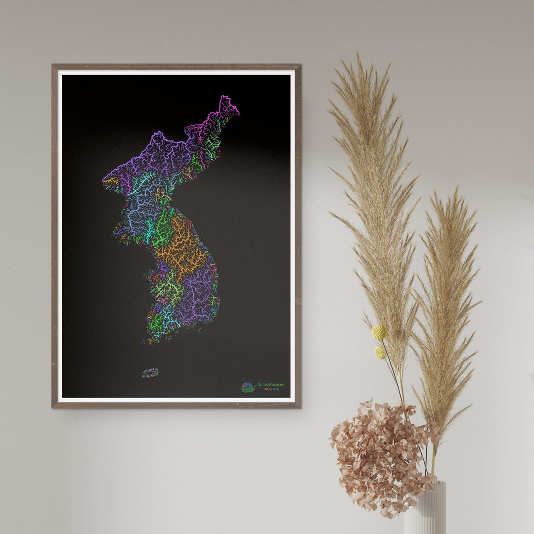 Korea - River basin map, rainbow on black - Fine Art Print