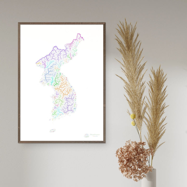 Corée - Carte des bassins fluviaux, arc-en-ciel sur blanc - Fine Art Print