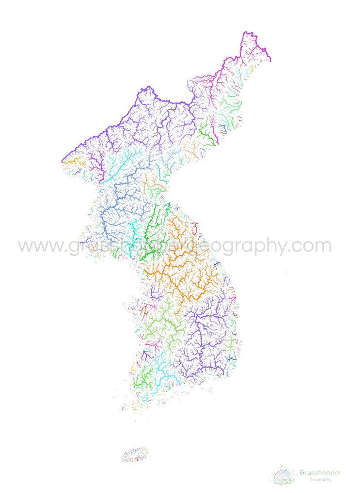 Corée - Carte des bassins fluviaux, arc-en-ciel sur blanc - Fine Art Print