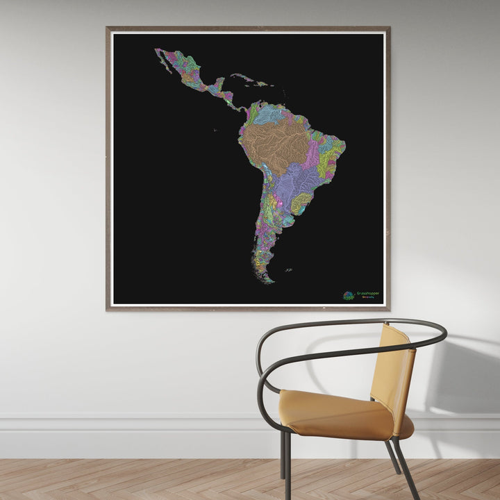 River basin map of Latin America, pastel colours on black - Fine Art Print