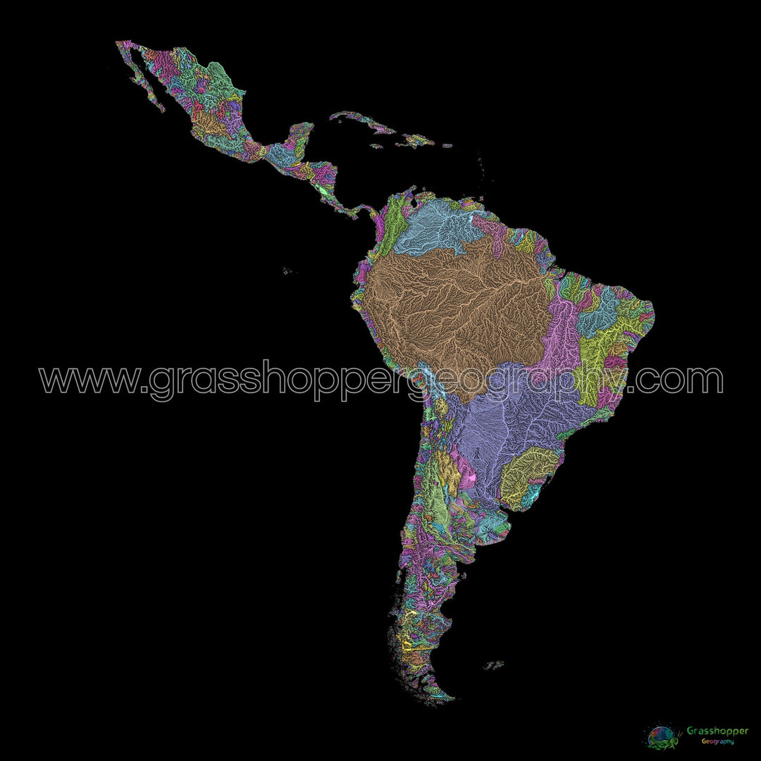 América Latina - Mapa de cuencas fluviales, pastel sobre negro - Impresión de Bellas Artes