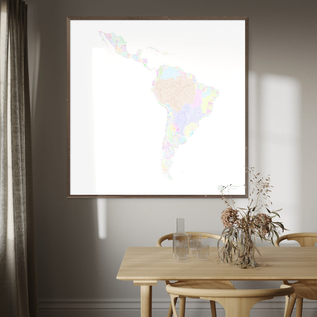 América Latina - Mapa de cuencas fluviales, pastel sobre blanco - Impresión de Bellas Artes