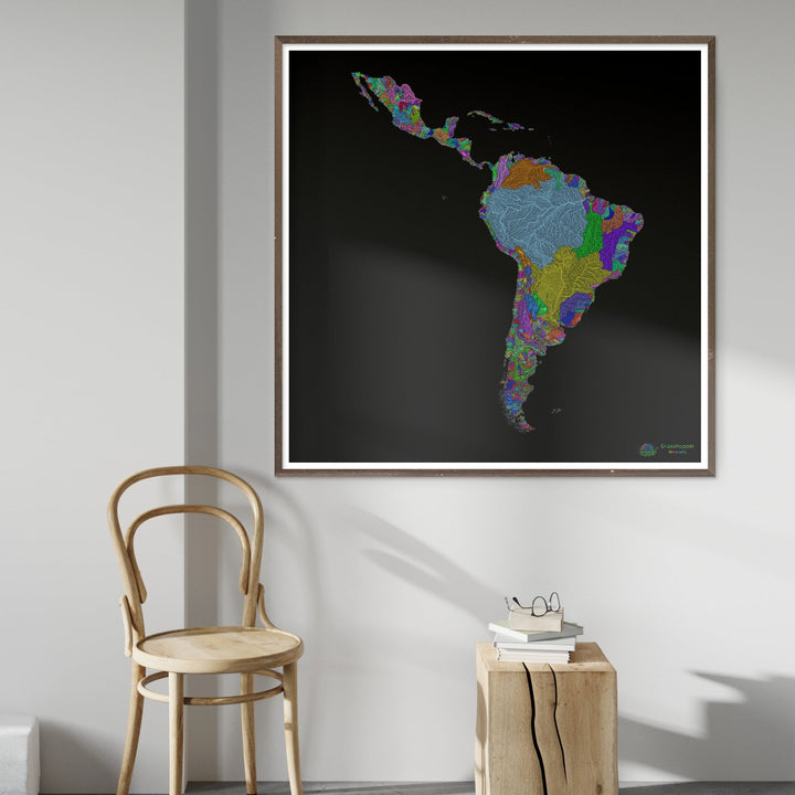 Latin America - River basin map, rainbow on black - Fine Art Print