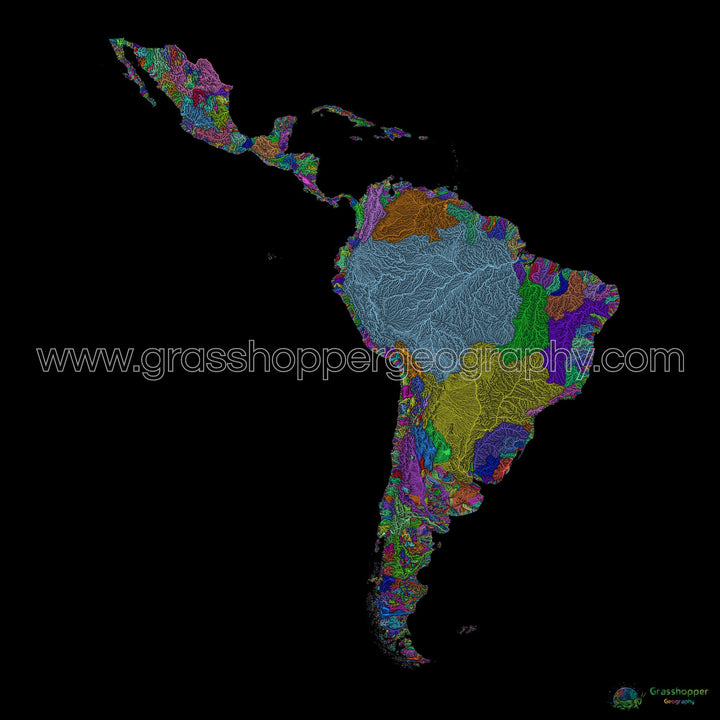 América Latina - Mapa de cuencas fluviales, arco iris sobre negro - Impresión de Bellas Artes
