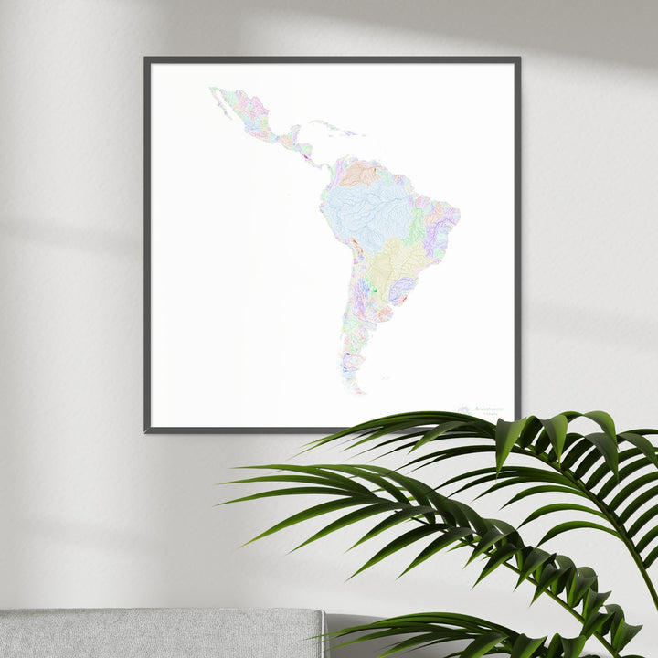 Amérique latine - Carte des bassins fluviaux, arc-en-ciel sur blanc - Fine Art Print
