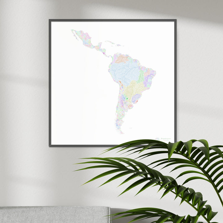 Latin America - River basin map, rainbow on white - Fine Art Print