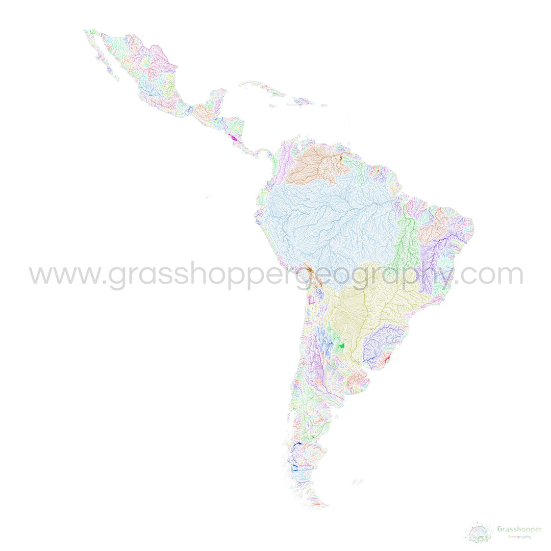 América Latina - Mapa de cuencas fluviales, arco iris sobre blanco - Impresión de Bellas Artes