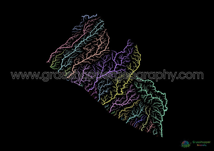 Liberia - River basin map, pastel on black - Fine Art Print