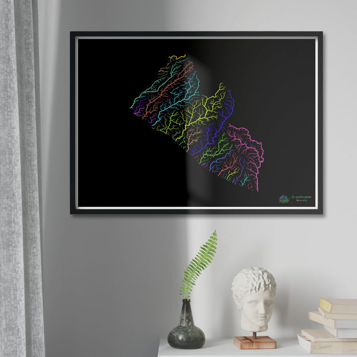 Liberia - Mapa de la cuenca fluvial, arco iris sobre negro - Impresión de Bellas Artes