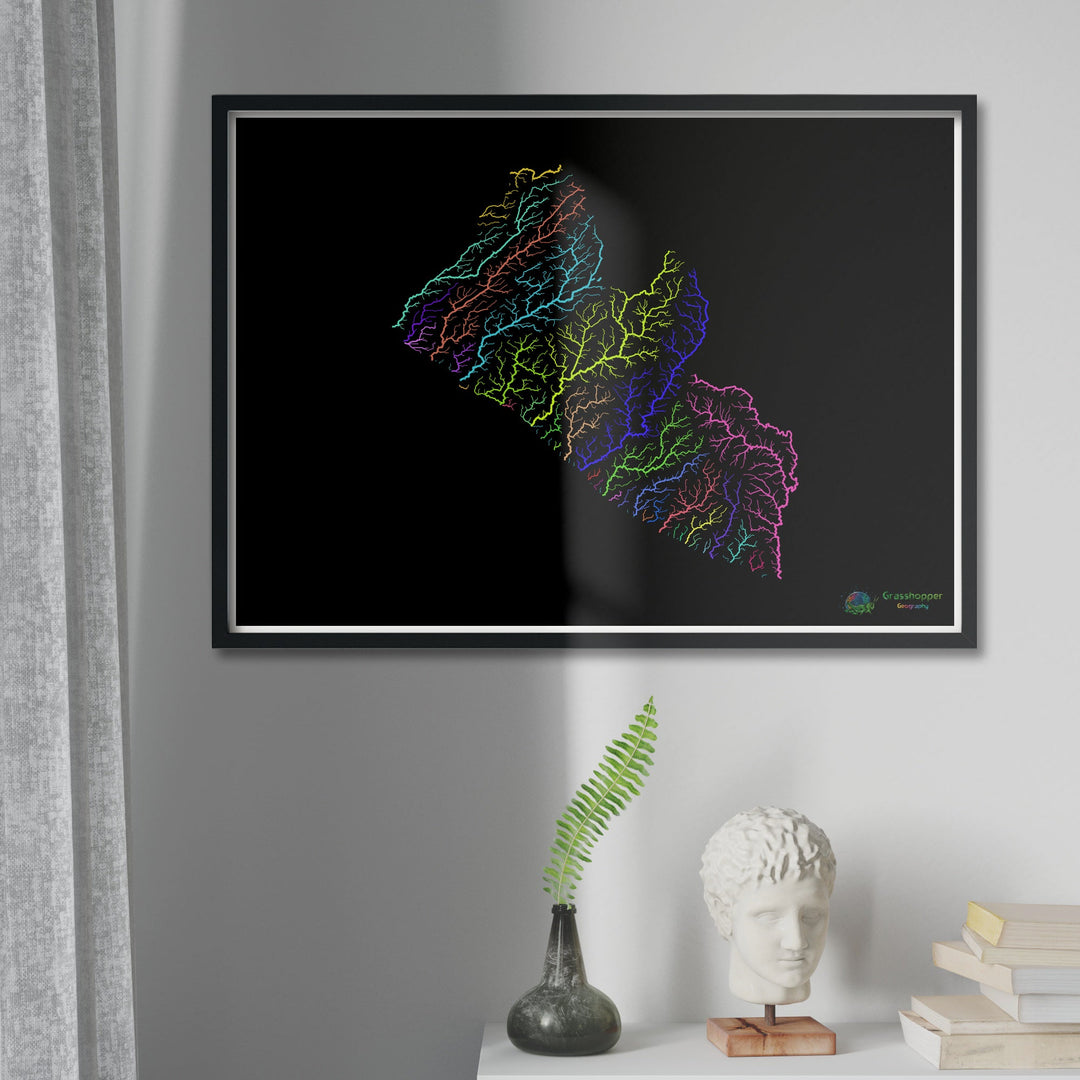 Liberia - River basin map, rainbow on black - Fine Art Print