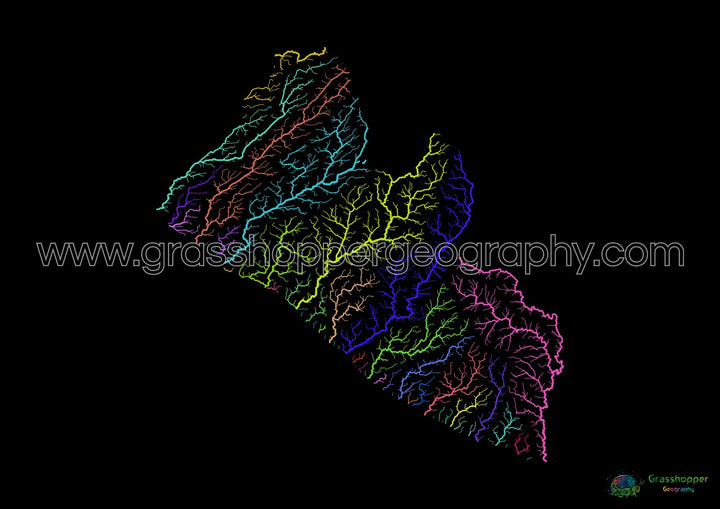 Liberia - River basin map, rainbow on black - Fine Art Print