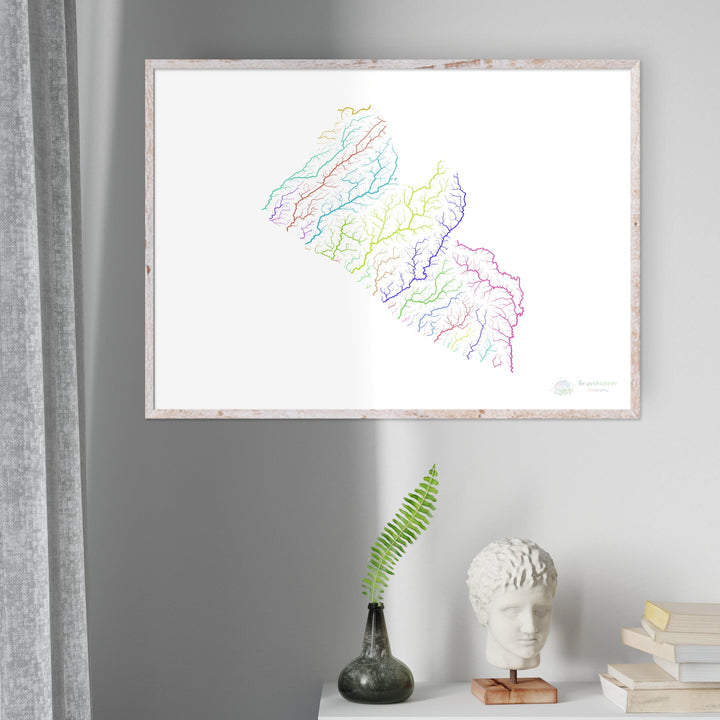 Libéria - Carte du bassin fluvial, arc-en-ciel sur blanc - Fine Art Print