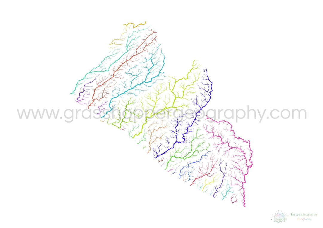 River basin map of Liberia, rainbow colours on white Fine Art Print
