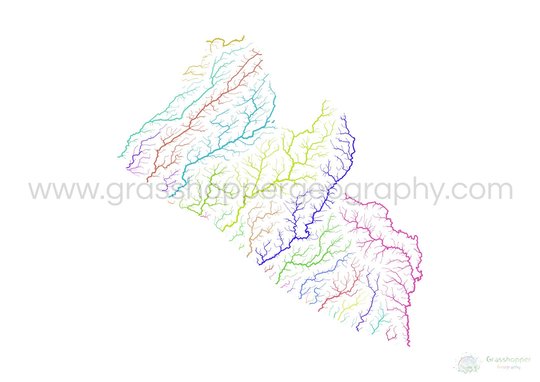 Liberia - River basin map, rainbow on white - Fine Art Print