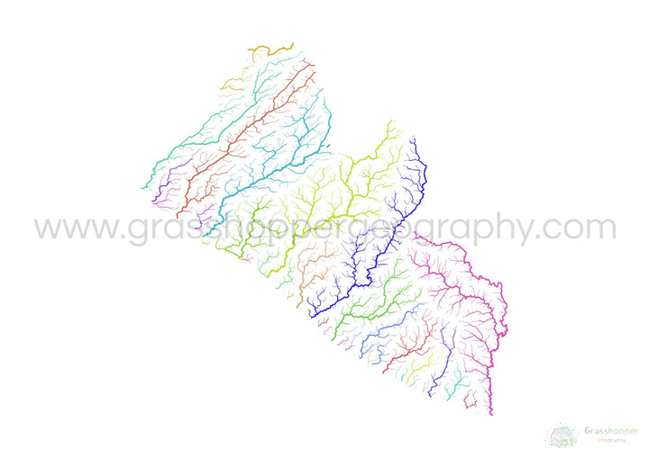 Liberia - Mapa de la cuenca fluvial, arco iris sobre blanco - Impresión de Bellas Artes