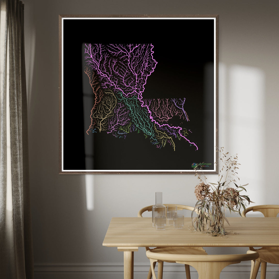 River basin map of Louisiana, pastel colours on black - Fine Art Print