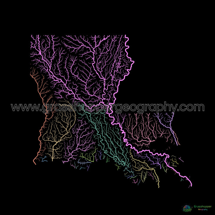 River basin map of Louisiana, pastel colours on black - Fine Art Print