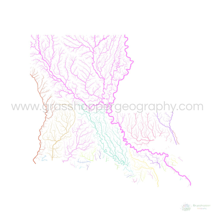 River basin map of Louisiana, pastel colours on white - Fine Art Print