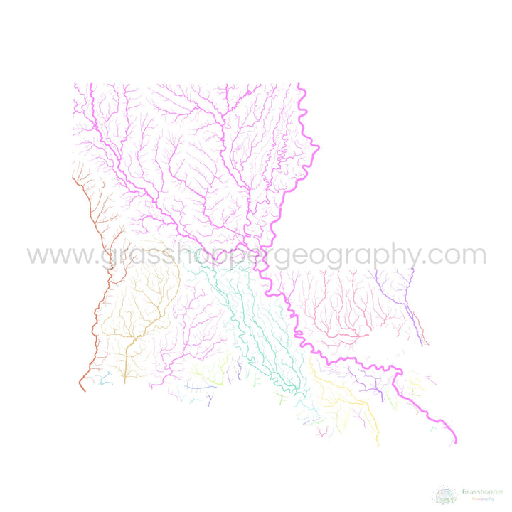 Louisiana - River basin map, pastel on white - Fine Art Print