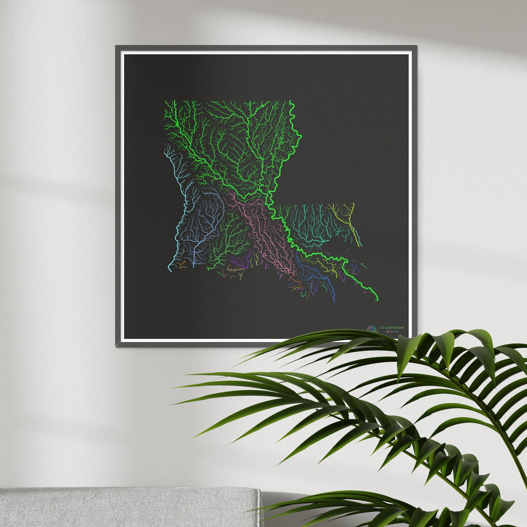 Luisiana - Mapa de la cuenca fluvial, arco iris sobre negro - Impresión de bellas artes