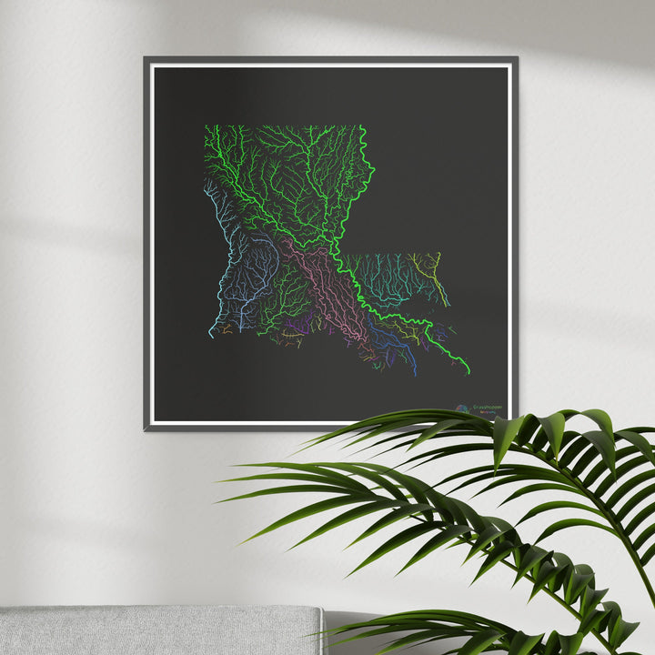 Louisiana - River basin map, rainbow on black - Fine Art Print