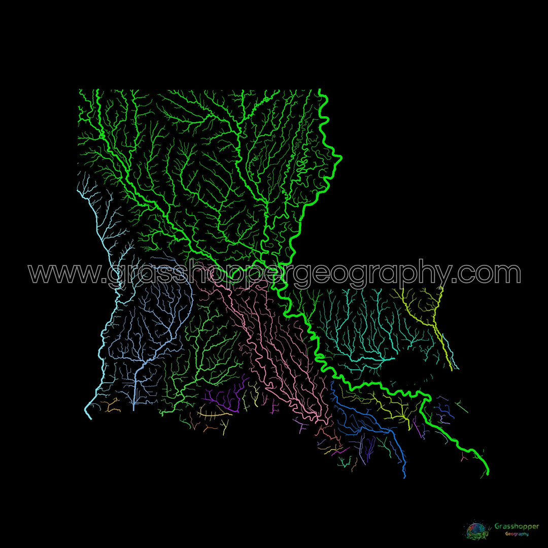 Louisiana - River basin map, rainbow on black - Fine Art Print