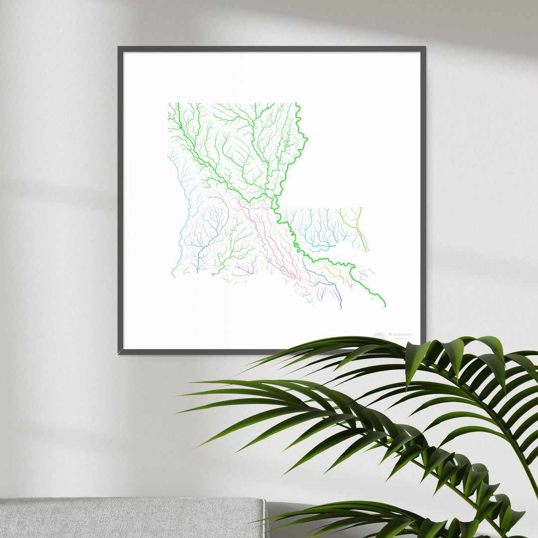 River basin map of Louisiana, rainbow colours on white Fine Art Print
