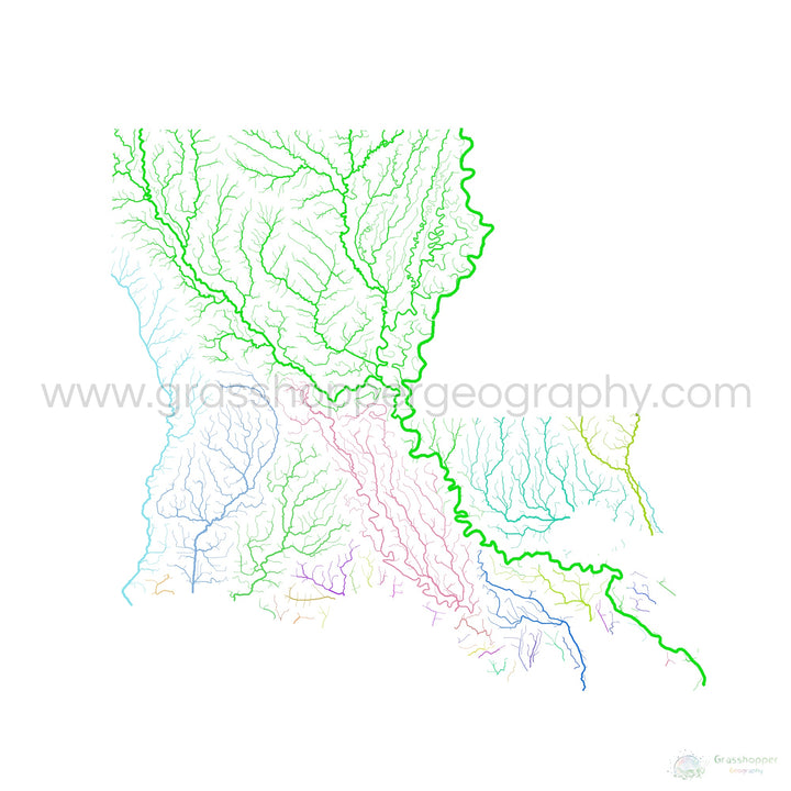 River basin map of Louisiana, rainbow colours on white Fine Art Print