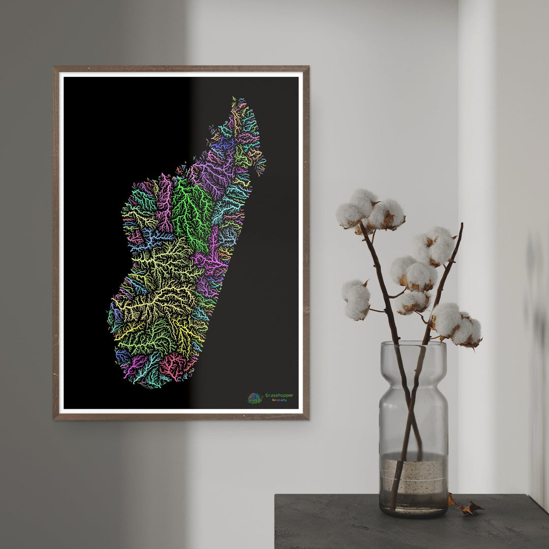 Madagascar - River basin map, pastel on black - Fine Art Print