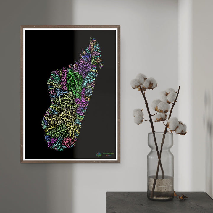 Madagascar - River basin map, pastel on black - Fine Art Print