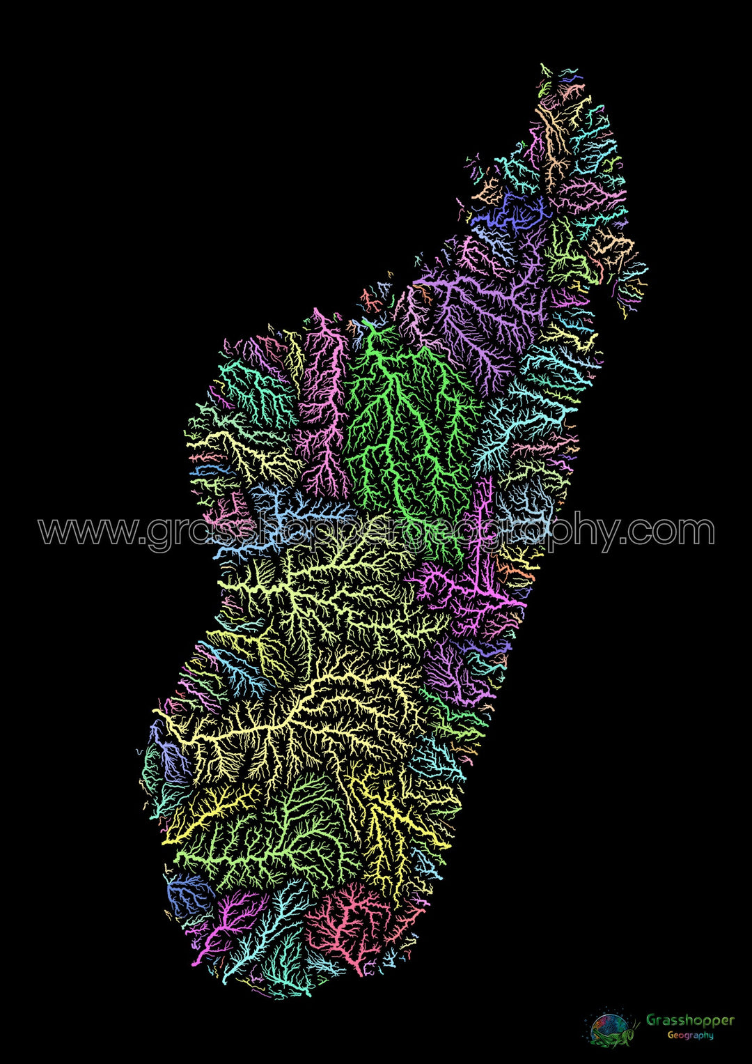 River basin map of Madagascar, pastel colours on black - Fine Art Print