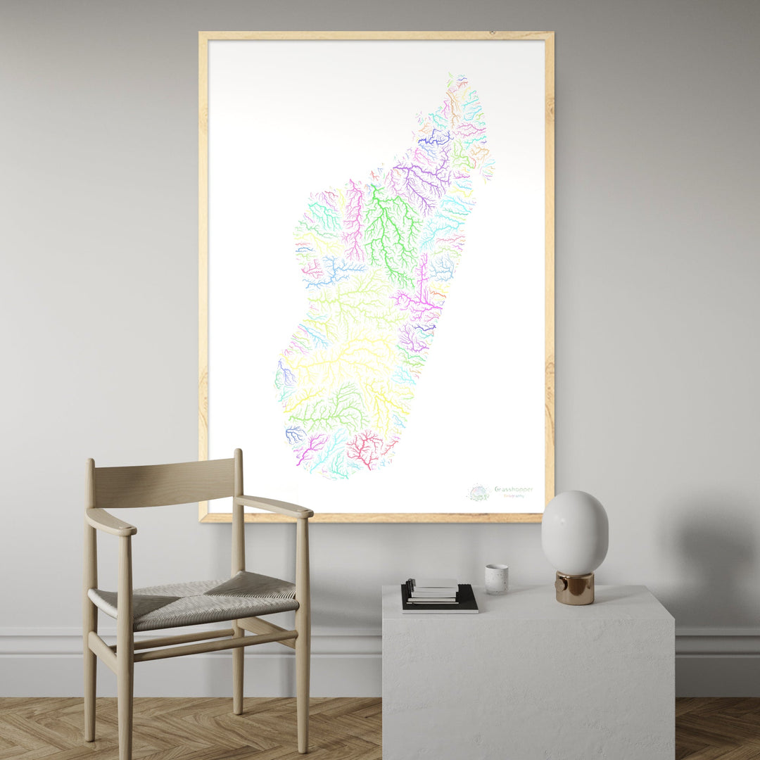 Madagascar - Carte des bassins fluviaux, pastel sur blanc - Fine Art Print