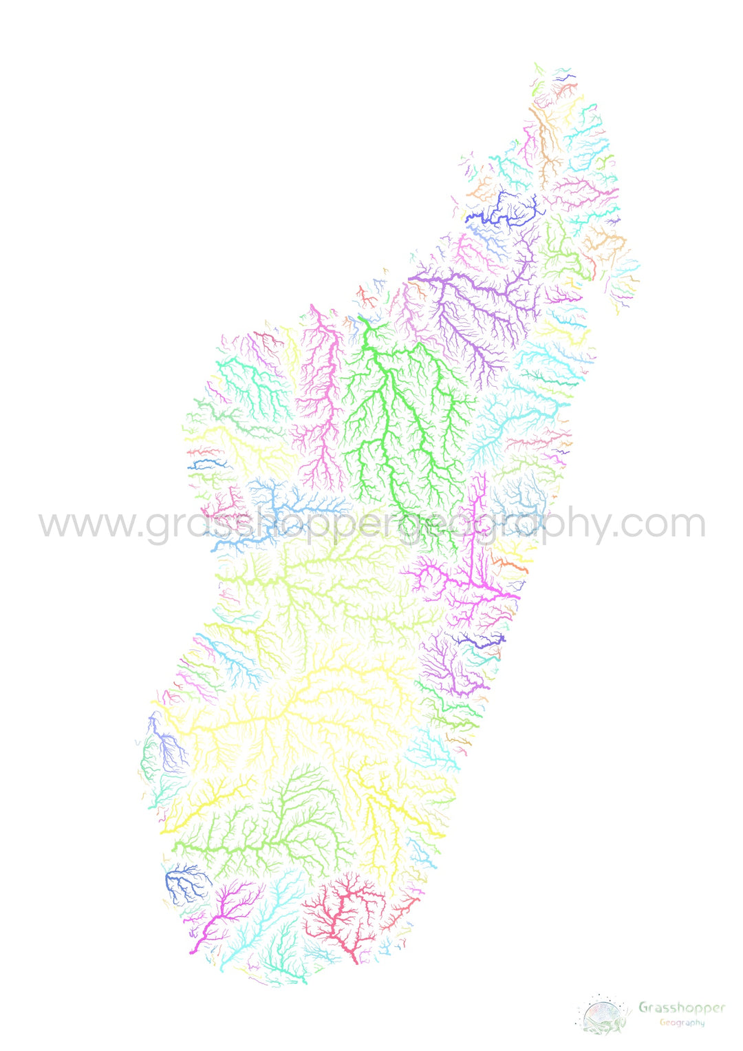 Madagascar - Carte des bassins fluviaux, pastel sur blanc - Fine Art Print