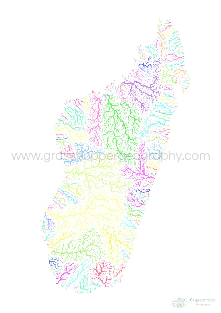 Madagascar - Carte des bassins fluviaux, pastel sur blanc - Fine Art Print