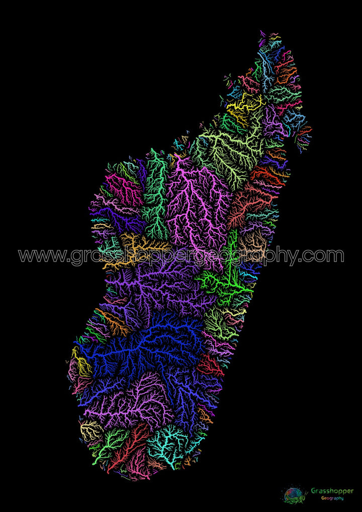 River basin map of Madagascar, rainbow colours on black - Fine Art Print