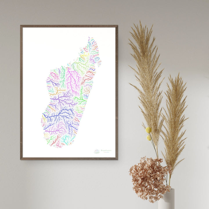 River basin map of Madagascar, rainbow colours on white Fine Art Print