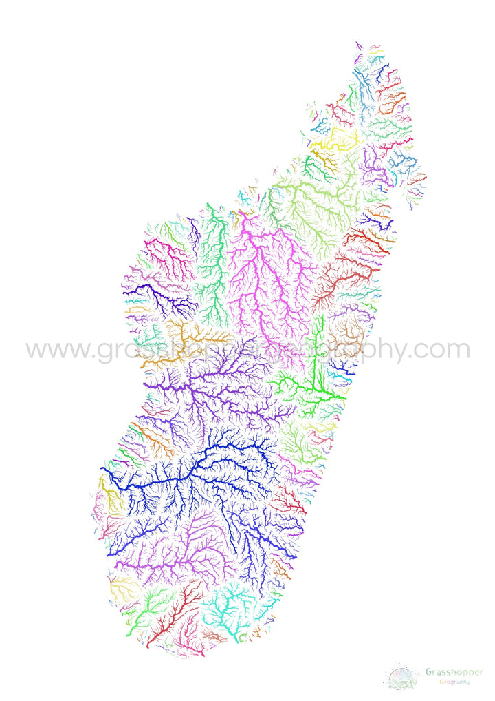 River basin map of Madagascar, rainbow colours on white Fine Art Print