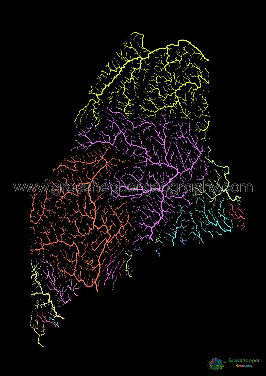 Maine - River basin map, pastel on black - Fine Art Print