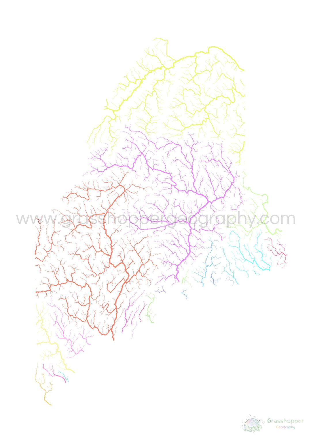 Maine - River basin map, pastel on white - Fine Art Print