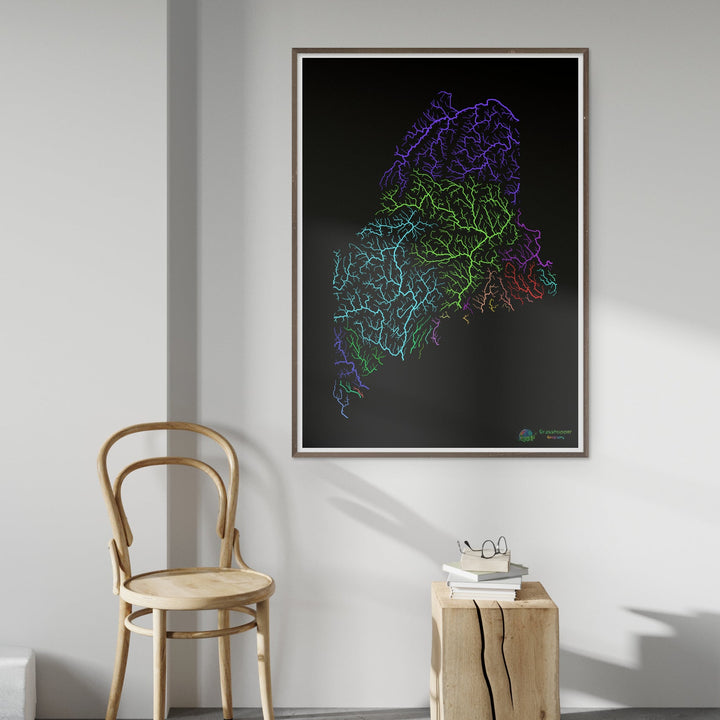 River basin map of Maine, rainbow colours on black - Fine Art Print