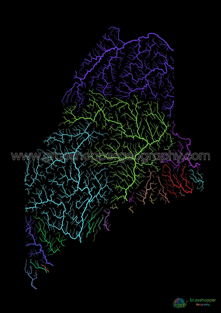 Maine - Mapa de la cuenca del río, arco iris sobre negro - Impresión de bellas artes