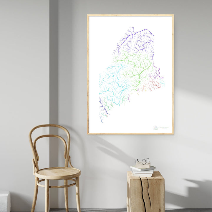 River basin map of Maine, rainbow colours on white Fine Art Print