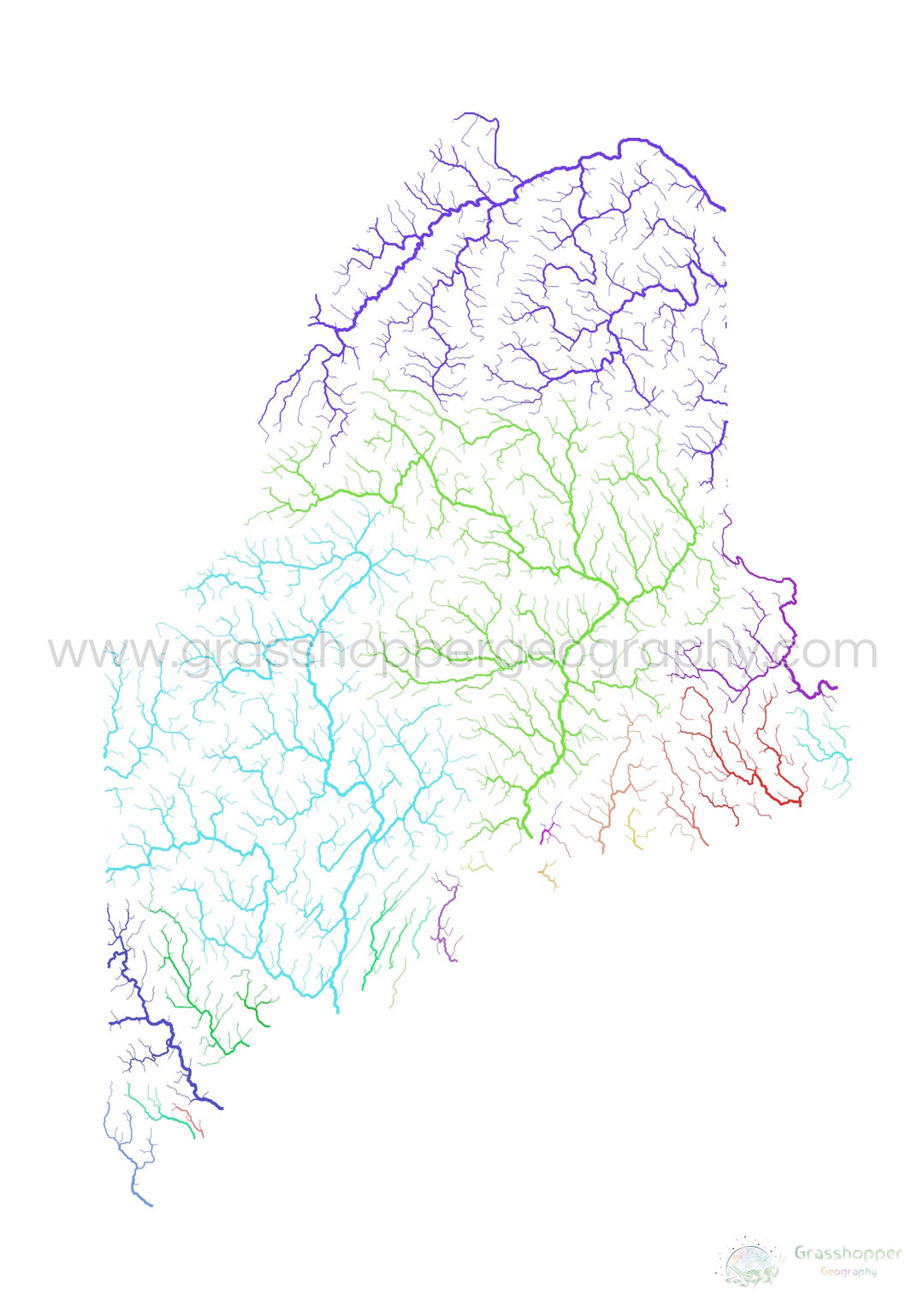 River basin map of Maine, rainbow colours on white Fine Art Print